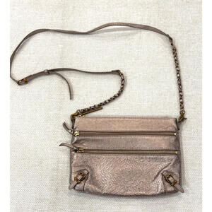 Elliott Lucca Crossbody Purse Bag Woven Leather Gold Trim Buckles Zippers Chain